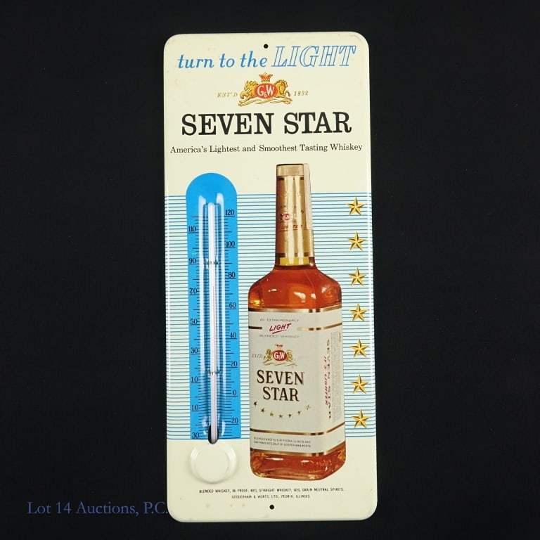 Seven Star Whiskey Thermometer Bar Sign: Single sided tin sign most likely from the 1960s or 70s advertising Seven Stat Light Blended Whiskey. Shows a picture of the bottle alongside a thermometer, original glass parts present. Some