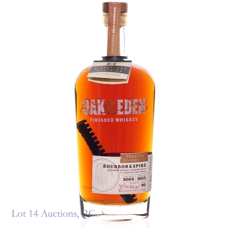 Oak & Eden Bourbon & Spire Toasted Oak: Oak & Eden Bourbon & Spire Toasted Oak Bourbon Whiskey with a toasted oak spiral. Batch B004, Bottle No. 0015, 90 proof, 750ml. Distilled in Lawrenceberg, IN, bottled by Oak & Eden, Bridgeport, TX.