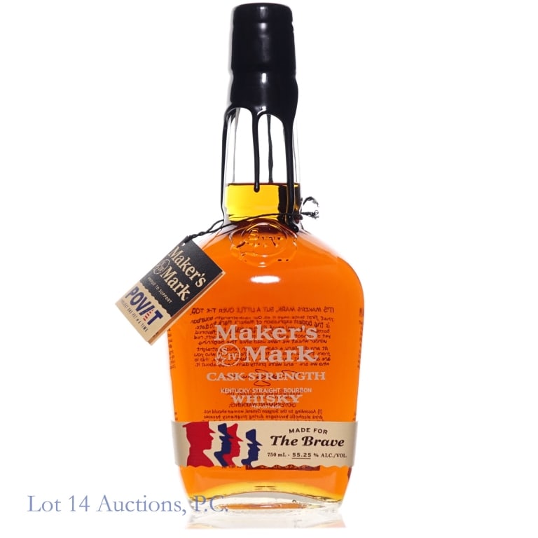 Maker's Mark Cask Strength Bourbon POVAT 110.5 Pr.: Maker's Mark Cask Strength Kentucky Straight Bourbon Whisky Proud To Support Project One Vet @ A Time POVAT. Made For The Brave.110.5 Proof, 750ml. Batch 26-01. Neck tag included.