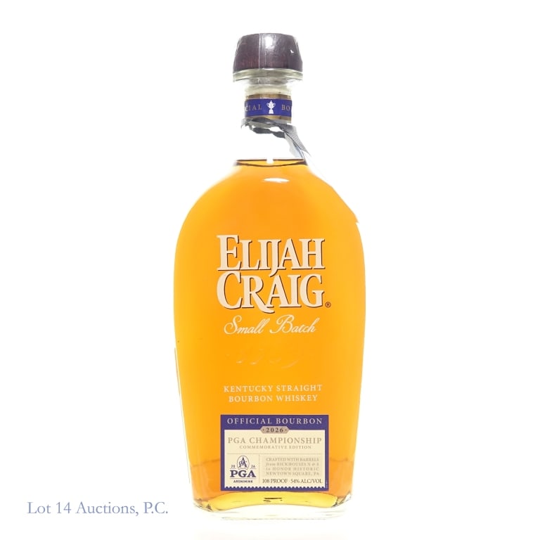 Elijah Craig PGA Championship Bourbon (2026): Elijah Craig 2026 PGA Championship Aronimink Small Batch Bourbon, 108 Proof, 750 ml, Commemorative Bottle. Neck tag included.