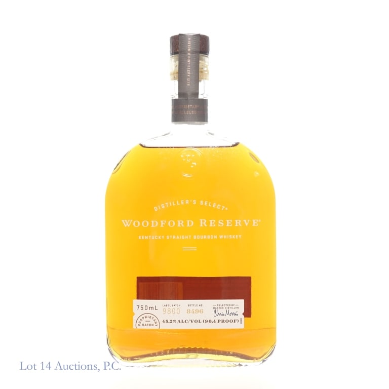 Woodford Reserve KY Straight Bourbon Whiskey: Woodford Reserve Kentucky Straight Bourbon Whiskey, 90.4 proof, 750ml. Label batch 9800, bottle number 8496.