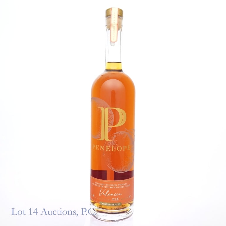 Penelope Valencia Vino De Naranja Cask Whiskey: 2025 Penelope Valencia Cooper Series straight bourbon whiskey finished in vino de naranja casks. Batch No 04. 95 Proof, 750ml.