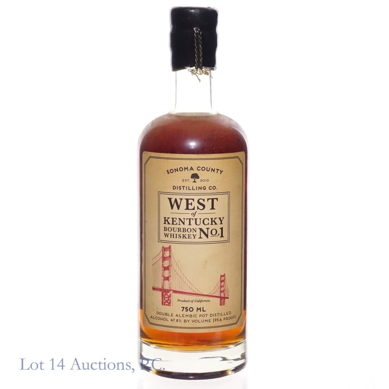2015 West of Kentucky Sonoma County Bourbon No. 1: Sonoma County Distilling Co - West of Kentucky Bourbon Whiskey No. 1. Double Alembic pot distilled. 95.6 proof, 750ml. Bottled 9/7/2015. 305 cases produced, Batch No. 3, Bottle No. 490.