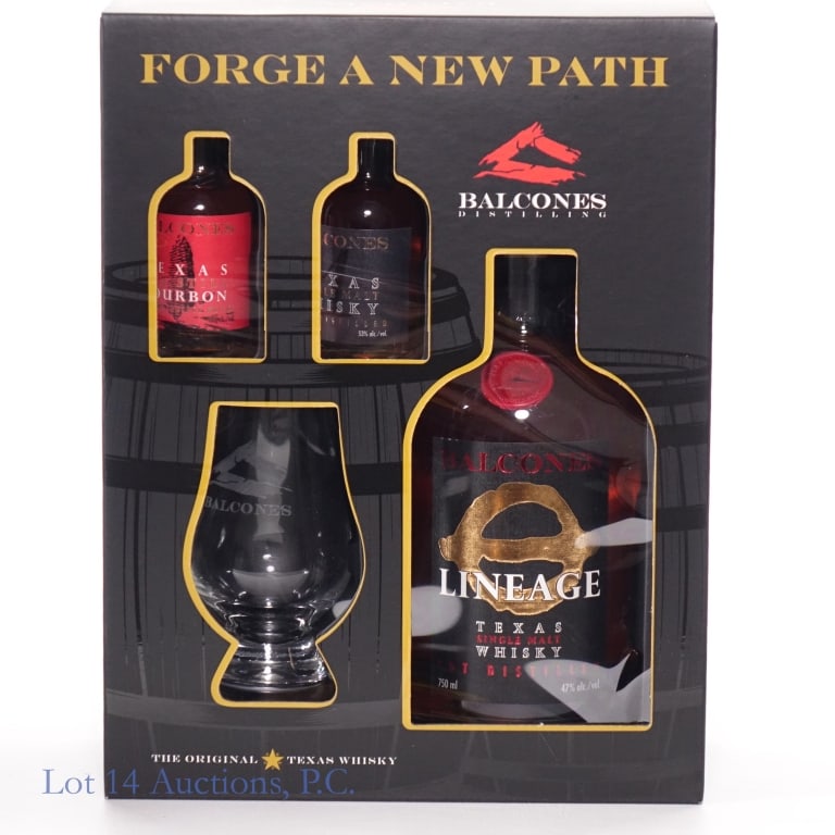 Balcones Lineage Texas Single Malt Whisky Gift Set: Balcones Lineage Texas Single Malt Whisky gift set. 94 Proof, 750ml. Gift set includes 2 mini bottles - Texas Single Malt Whisky and Texas Pot Still Bourbon, and Balcones branded Glencairn glass.