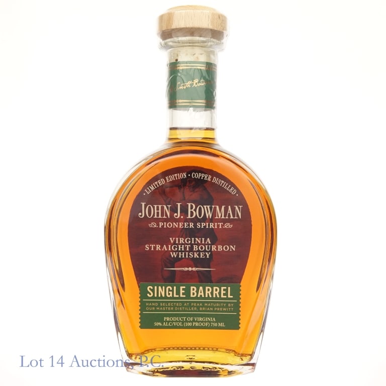 John J. Bowman Single Barrel Bourbon (Green Label): John J. Bowman Pioneer Spirit Virginia Single Barrel Bourbon, 100 Proof, 750 ml, Green Label.