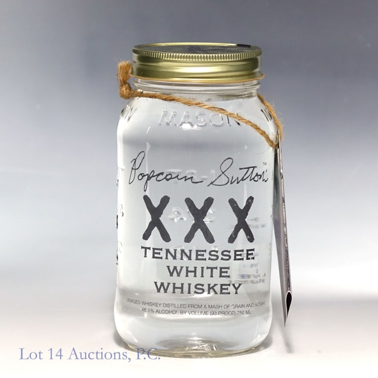 Popcorn Sutton's XXX Tennessee White Whiskey: Popcorn Sutton's XXX Tennessee White Whiskey, 93 Proof, 750 ml. Neck tag included.