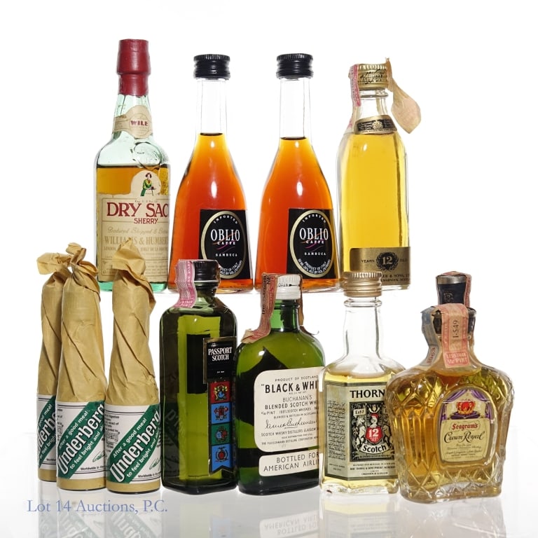 Various Vintage Minis Lot (12) Scotch & More: Various vintage miniature bottles of liquor. Lot includes: one Black & White blended scotch, bottled for American Airlines, 50ml, 86.8 proof, Series 111 tax strip; Johnnie Walker 12 year Scotch whisky