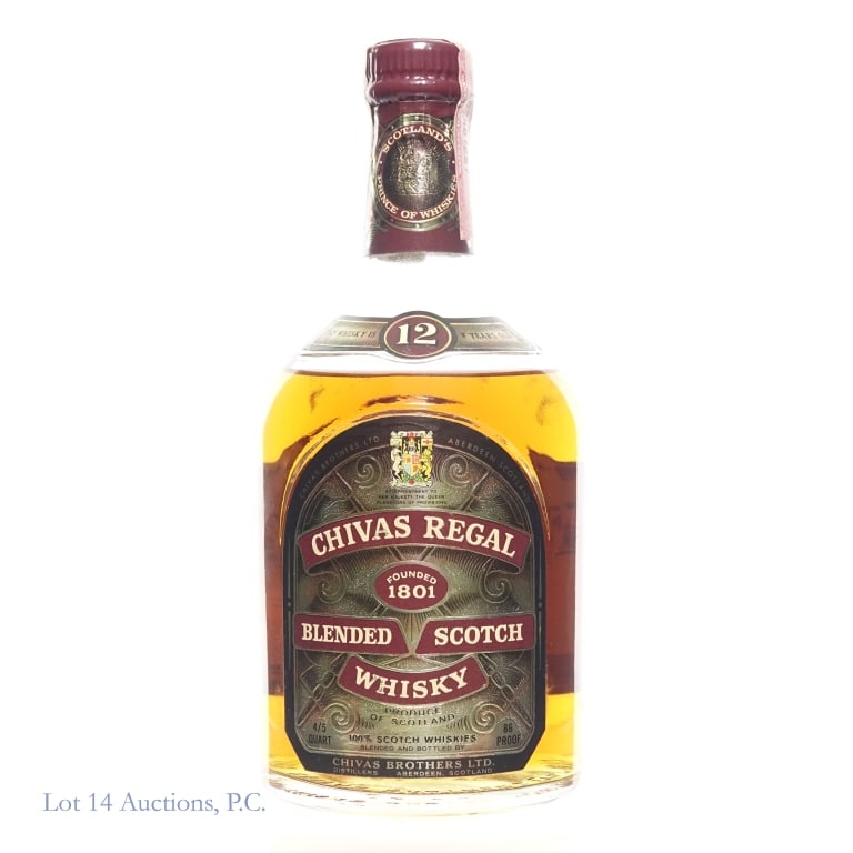 Chivas Regal 12 Yr. Old Scotch Whisky: Chivas Regal 12 Yr. Old Scotch Whisky, 86 proof, 4/5 quart. Very small amount of sediment visible. Series 112 tax strip.