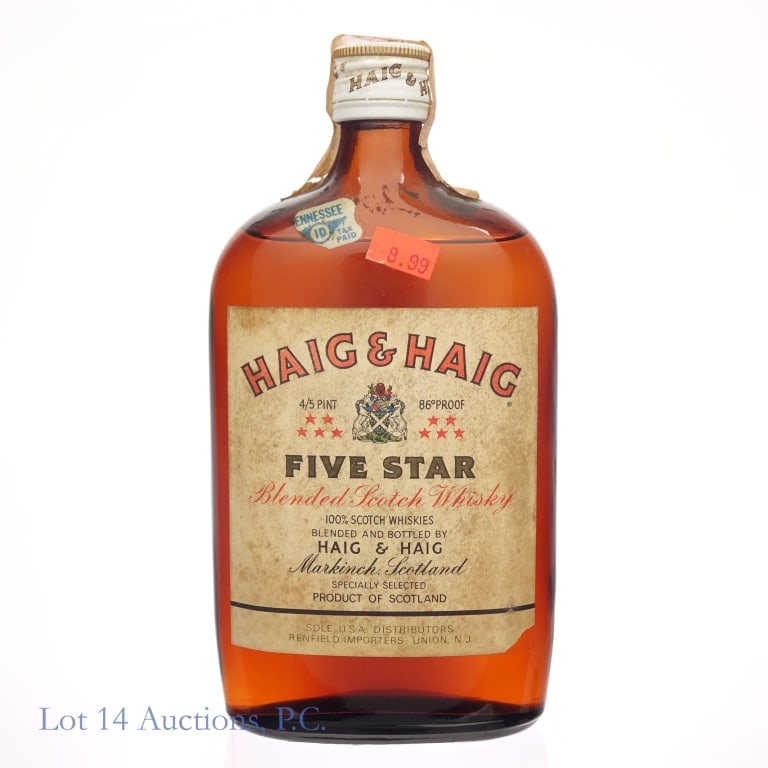 60s/70s Haig & Haig Five Star Blended Scotch: Haig & Haig Five Star Blended Scotch Whisky, 4/5th pint, 86 proof. Series 112 tax strip broken and fragile but present, and bottle is still visibly sealed.