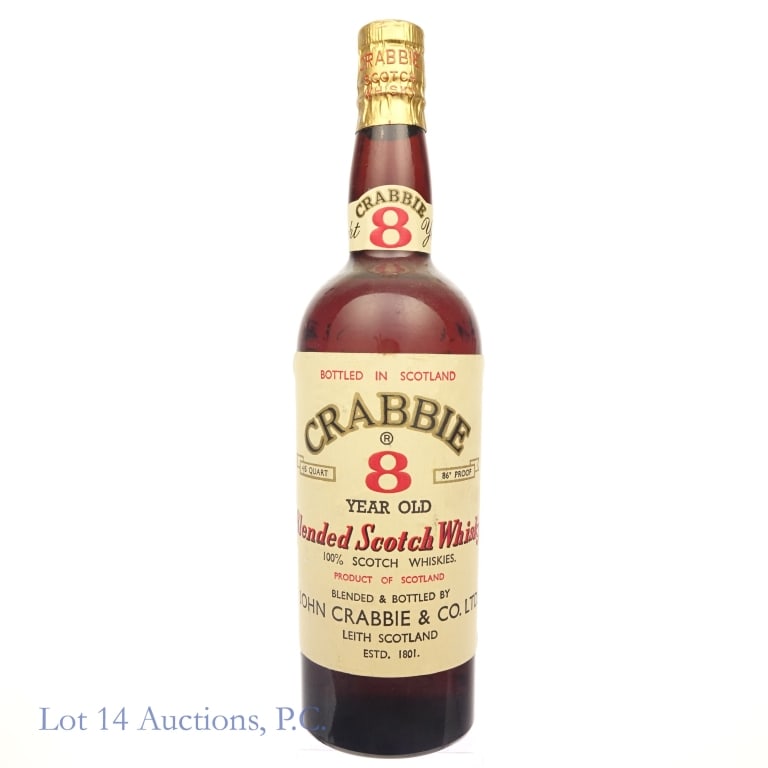 Crabbie 8 Year Blended Scotch (4/5 Quart): Vintage bottle of Crabbie Blended Scotch Whisky, 8 years old, 4/5 quart, 86 proof. Tax strip is missing but bottle is still sealed.