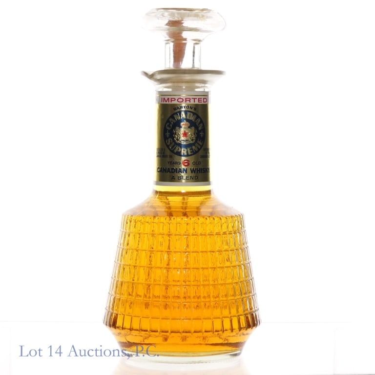 "80" Barton's Canadian Supreme 6 Year Decanter: Barton's Canadian Supreme 6 Years Old Canadian Whisky decanter. 80 Proof, 750ml. "80" glass mold. 70s/80s tax strip fully intact.