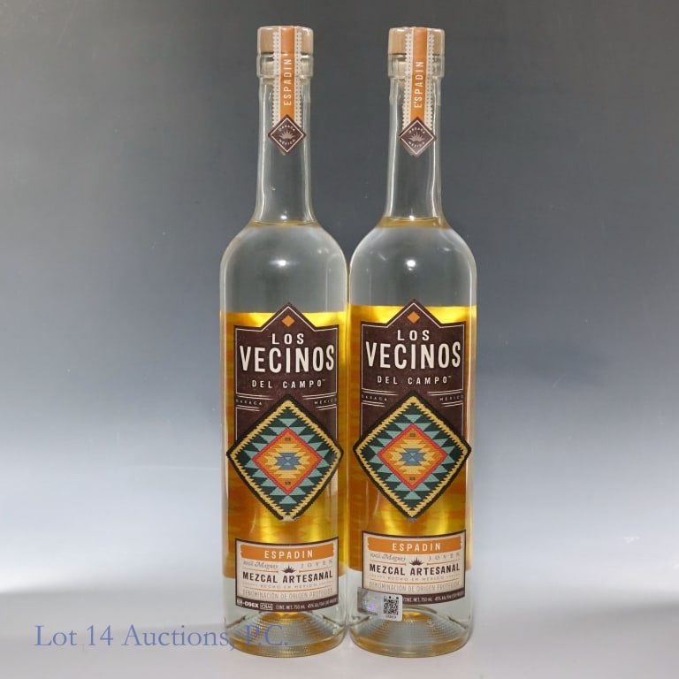 Los Vecinos Del Campo Espadin Mezcal (2): Two (2) bottles of Los Vecinos Del Campo Espadin Mezcal, 90 proof, 750ml. 100% Maguey, Oaxaca, Mexico, Lot No's: ESJ451801 & ESJ451804.