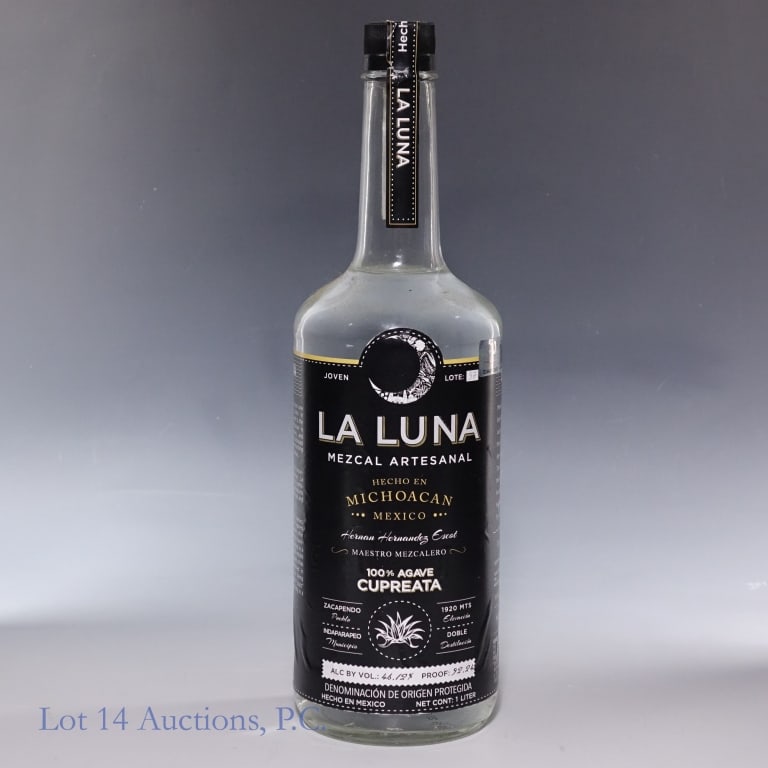 La Luna Mezcal Artesanal, Agave Cupreata, 1 Liter: La Luna Mezcal Artesanal, Agave Cupreata, Michoacan, Mexico. 92.24 proof, 1 Liter. Strip has some damage to one side, but is intact on the other - Please see photos for details.