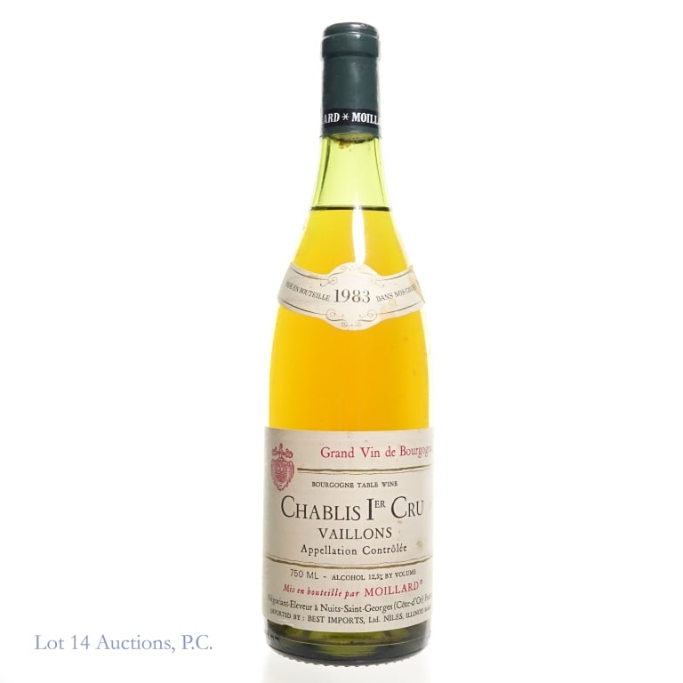 1983 Moillard Vaillons Chablis Premier Cru: 1983 Moillard Vaillons Chablis Premier Cru, France. 750 ml, 12.5% ABV. SOme staining on the labels. Consigned by the estate of a collector who stored wine and champagne bottles horizontally in the