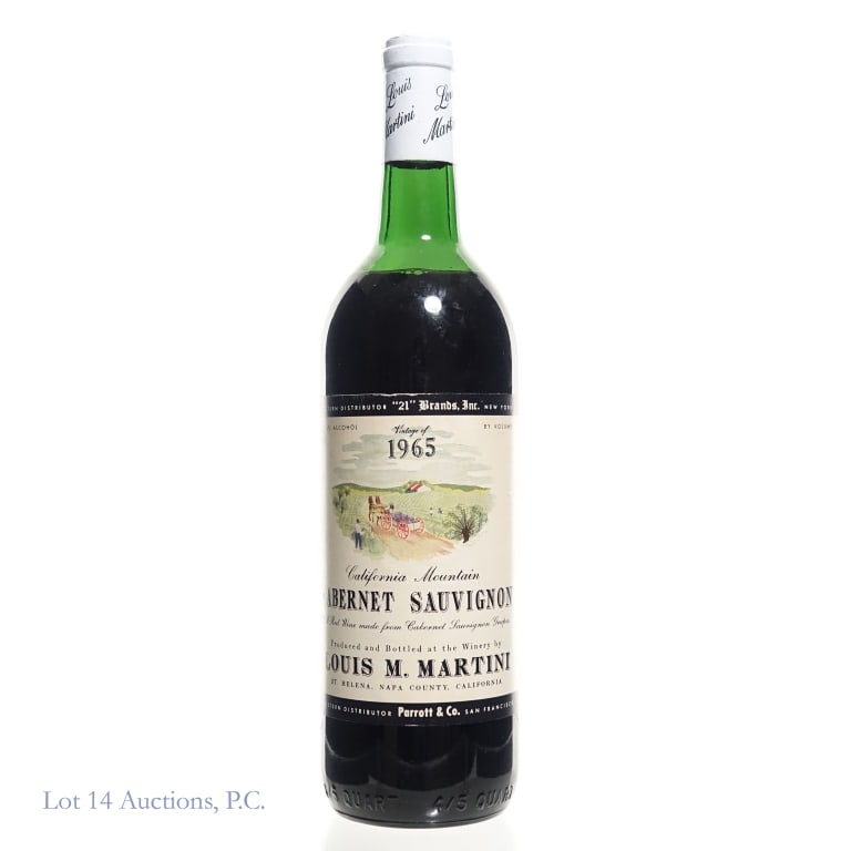 1965 Louis M. Martini Cabernet Sauvignon, Napa CA: 1965 Louis M. Martini Cabernet Sauvignon, Napa Valley, CA. 4/5 qt.,12.5% ABV. Consigned by the estate of a collector who stored wine and champagne bottles horizontally in the family's temperature-cont