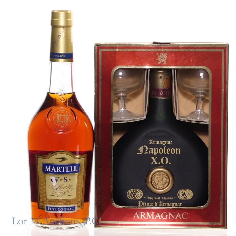 Armagnac Napoleon XO Set & Martell V.S. Cognac (2): Two (2) Bottles. Armagnac Napoleon X. O. set with two glasses, 40% abv, 750ml. Martell V. S. Fine Cognac, 40% abv, 750ml.