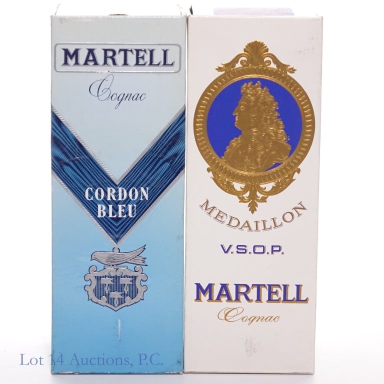 Vintage Martell Cognac Pair (VSOP, Cordon Bleu), 2: Two bottles Martell Cognac in their original box. The first is a 1960s / 70s Martell VSOP Medallion Cognac, 4/5 quart, 80 proof. Series 112 tax strip intact. The second is a Martell Cordon Bleu Grand
