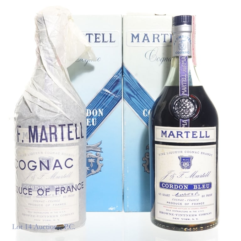 Vtg Martell Cordon Bleu Grand Classic Cognac (2): Two bottles Martell Cordon Bleu Cognac in their original boxes. Each one is 80 Proof, 750 ml. Series 112 tax strips intact. See photos for details.