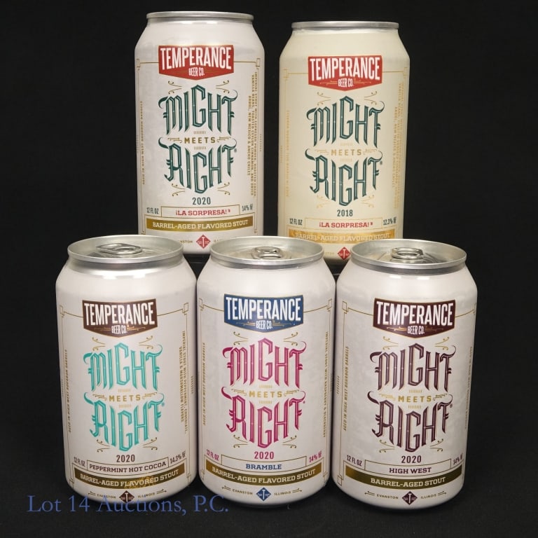 Temperance Might Meets Right Flavored Stouts (5): 5 cans of stout beer from Chicago-area brewery Temperance Beer Co. The first can is from 2018 and is a barrel aged flavored stout in the flavor "!La Sopresa!". 12 fl oz, 12.3% ABV. The other four