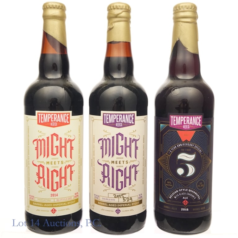 Temperance Might Meets Right Imperial Stouts (3): 3 bottles of barrel aged imperial stout beer from Chicago-area brewery Temperance Beer Co from various years between 2014-2018. The first is from 2014, aged in Manhattan barrels, 22 fl oz, 10.9% ABV, 