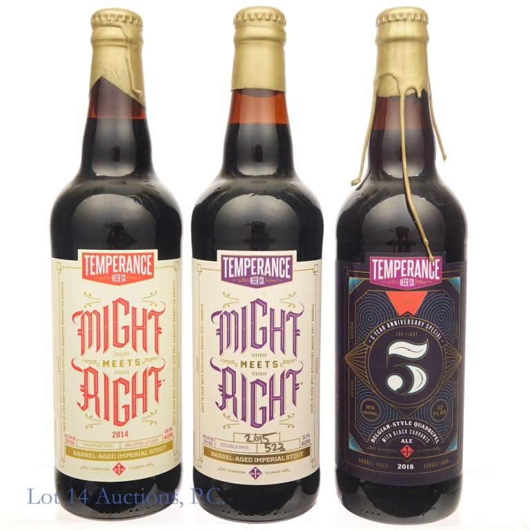 Temperance Might Meets Right Imperial Stouts (3): 3 bottles of barrel aged imperial stout beer from Chicago-area brewery Temperance Beer Co from various years between 2014-2018. The first is from 2014, aged in Manhattan barrels, 22 fl oz, 10.9% ABV, 