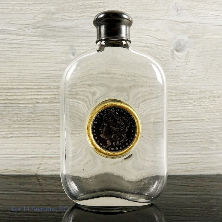 Glass Flask Sterling Cap 1889 Morgan Silver Dollar (1 of 4)