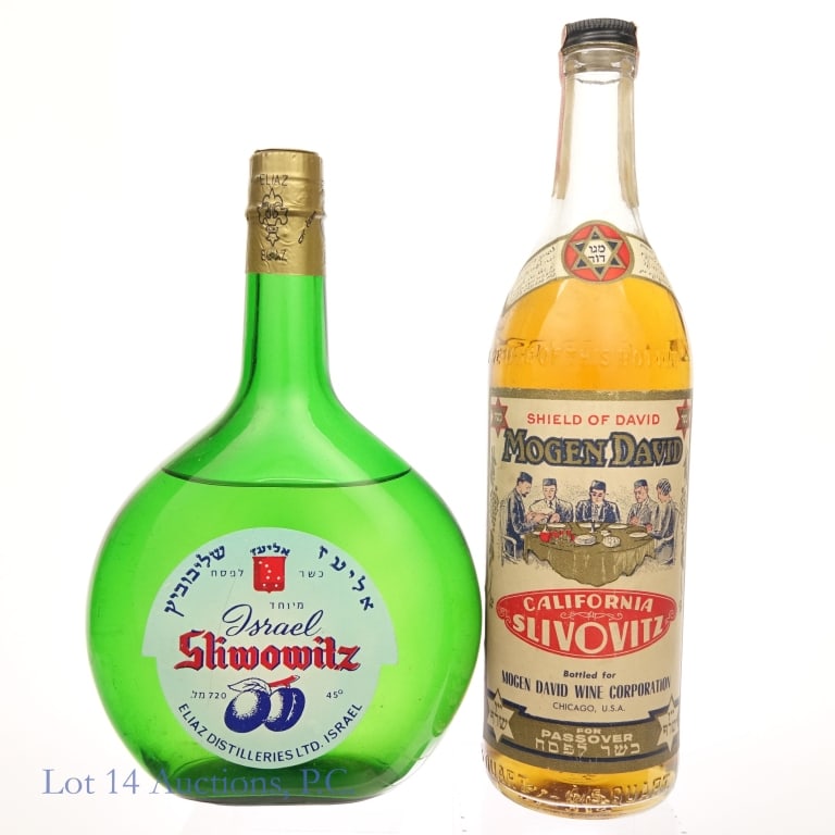 Two Bottles Vintage Slivovitz Brandy: Two bottles of unopened vintage Slivovitz brandy. The first bottle is a Mogen David California Slivovitz marked specifically for Passover. The Series 111 (1944-1960) tax strip shows some signs of age 