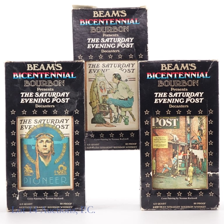 1976 Beam's Bourbon Bicentennial Decanters (3): Three (3) 1976 Beam's Bourbon Bicentennial Decanters. 80 Proof, 3 X 4/5 Quart, "76" bottle molding. Bottles feature different The Saturday Night Evening Post cover paintings by Norman Rockwell. Tax st