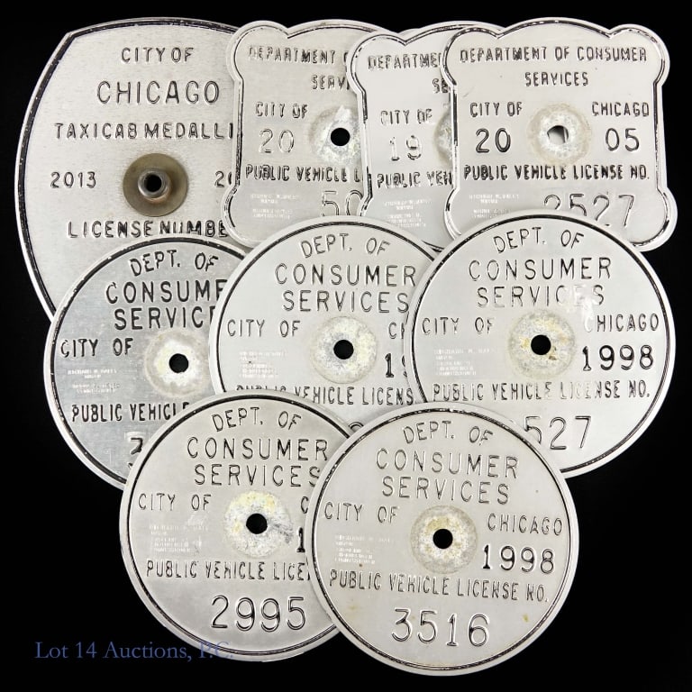 1998 - 2014 Chicago Taxicab Medallions Licenses, 9: Nine genuine and obsolete (Expired) City of Chicago, Illinois taxicab medallions. Years and cab numbers: 1998 # 0522; 1998 #2527*; 1998 # 2995; 1998 #3516; 1999 #2900; 2005 #2527*; 2007 #3638; 2008
