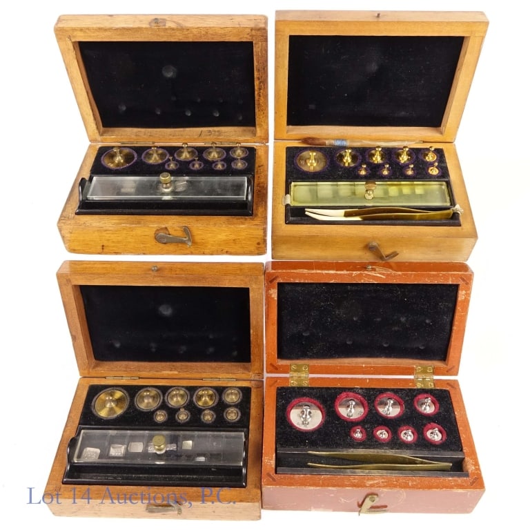 Apothecary Calibration Weight Sets (4): Apothecary Calibration Weight Sets (4). Collection of four (4) Apothecary weight sets in wood boxes. All weights are grams and milligrams. Items appear complete or near complete. Writing, scratches,