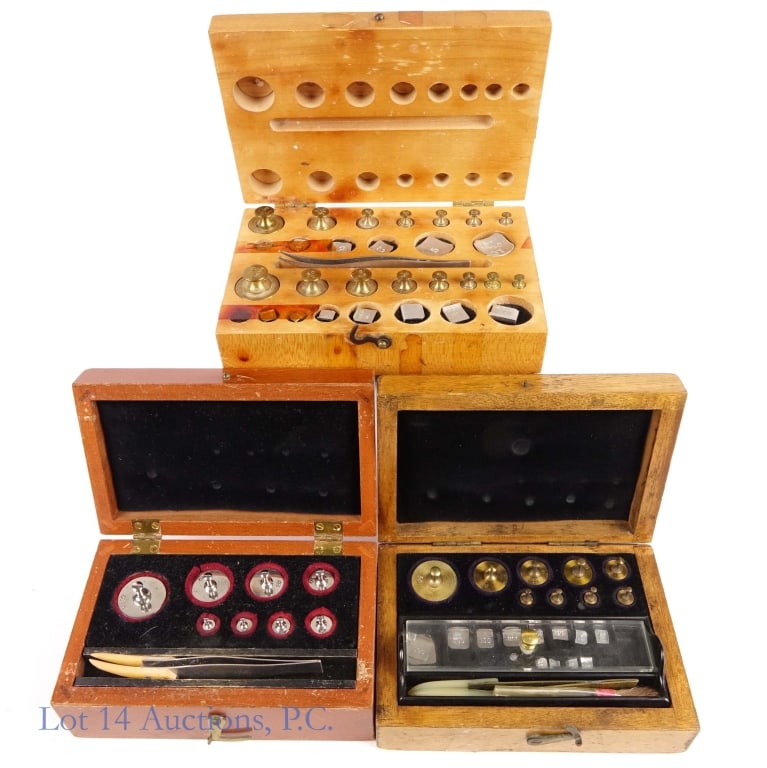 Apothecary Calibration Weight Sets (3): Apothecary Calibration Weight Sets (3). Collection of three (3) Apothecary weight sets in wood boxes. Weights include grams, milligrams and troy ounces. Items appear complete or near complete.
