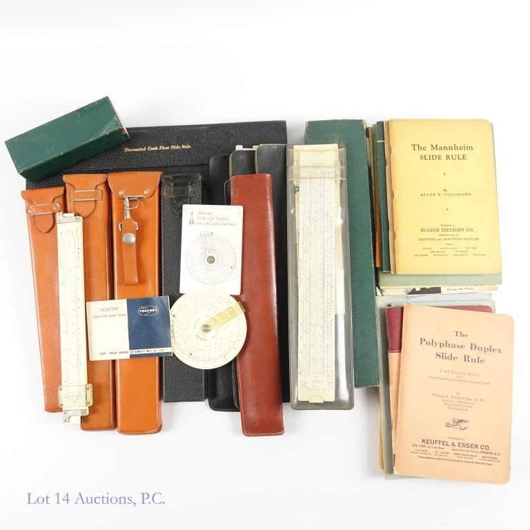 Slide Rules (14) And Manuals (17): Fourteen (14) slide rules - 4 Pickett , 6 K+E, 1 Sterling, 1 discounted cash flow with instructions, and 2 circular made in Japan slide rules *** Seventeen (17) various slide rule manuals.
