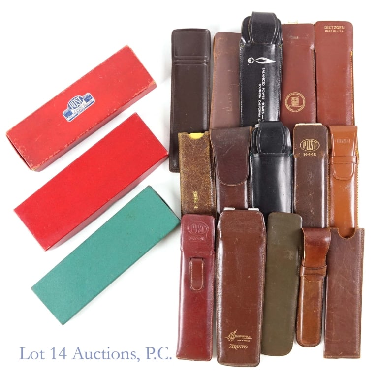 Pocket Slide Rules In Original Cases / Boxes (15): Fifteen (15) various pocket slide rules - seven (7) by Post Hemmi, two (2) by Pickett, and six (6) by other makers. Lot also includes three (3) additional leather cases. Very good to excellent