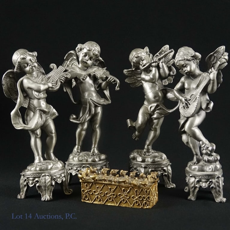 Pewter Cherub Musician Figure Set & MMA Asante Box: Four (4) pewter cherub musician figurines. Each approximately 6" tall *** Metropolitan Museum Of Art MMA 1989 reproduction Asante gold dust trinket box.