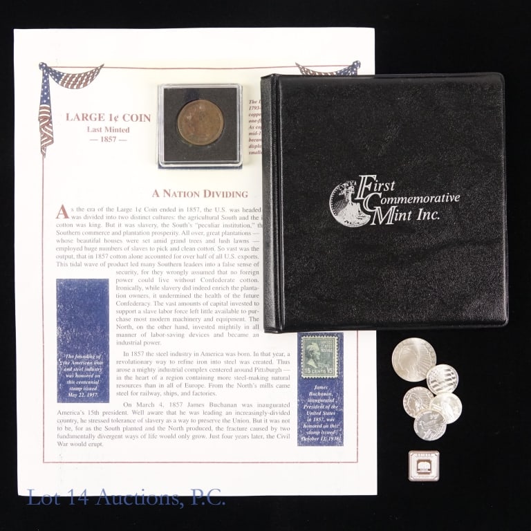 Various US Numismatic & Related Items Sets (3): Three (3) United States numismatic and related items sets as follows: ---Nation divided set includes: --1850 large cent, --1938 15 cent stamp, and --1969 6 cent southern planation stamp on information
