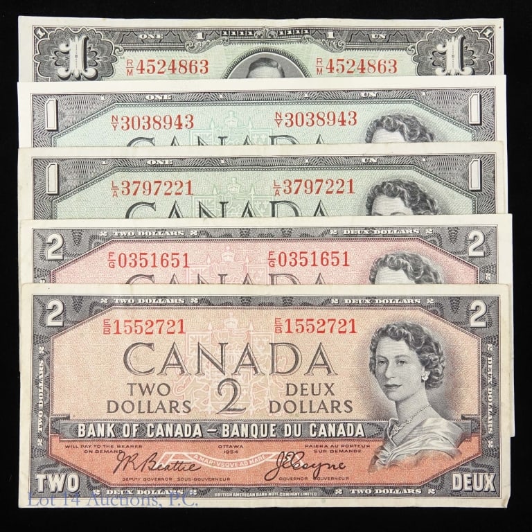 1937 - 1954 Canada Banknotes (5): Five (5) Canada banknotes (printed Canadian Banknote Company, Ltd) as follows: ---1937 King George VI $1 note CU (1); ---1954 Queen Elizabeth II $1 notes (2); and ---1954 Queen Elizabeth II $2 notes (