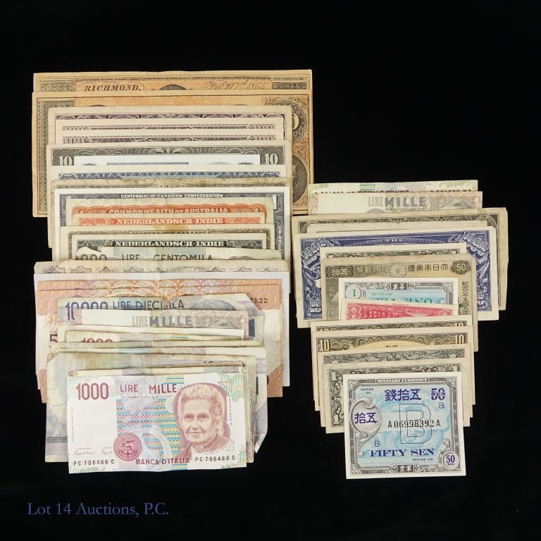 Various World Currencies (40+): More than 40+ various world currencies. (Lot includes two "facsimile" Confederate currencies) ***Lot 14 Auctions is not a professional numismatic grading agency. Consigner descriptions are provided as