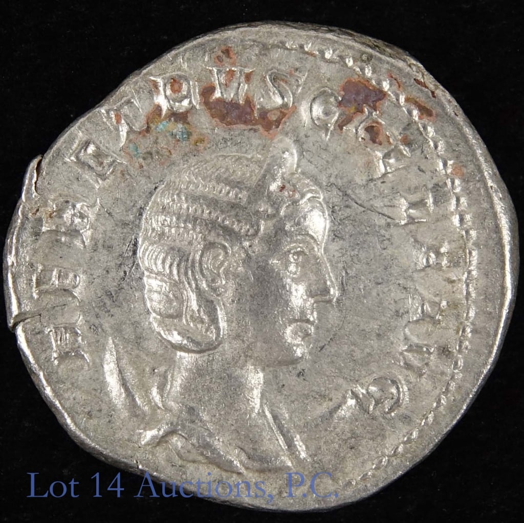 (249 CE) Roman Etruscilla Silver Anton: (249 - 253 CE) Roman Empress Herennia Etruscilla silver antoninianus (Rome Mint). Wife of Emperor Trajan Decius. Obverse: Etruscilla with lettering HER ETRVSCILLA AVG. Reverse: goddess Pudicitia (mode