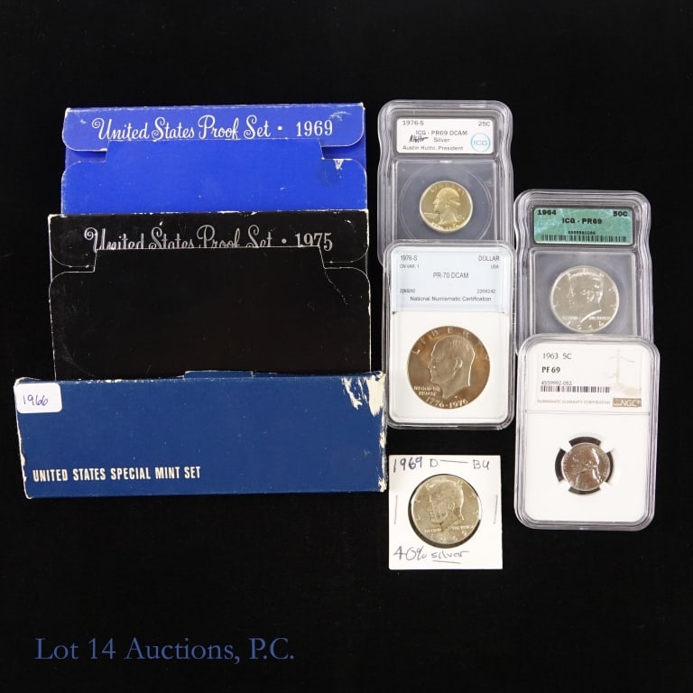 US Silver & Clad Coins & Sets (8): Eight (8) United States silver and clad coins and sets with estimate ASW 0.88 ozt.) as follows: ---1963 (P) proof Jefferson nickel (NGC PF69) Greysheet wholesale guide value $22); ---1964 90% silver K