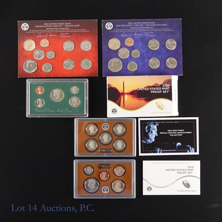 1998-2022 U.S. Mint Clad Proof & Mint Sets OGP (3): Three (3) United States Mint clad coin sets in OGP as follows: ---1998-s clad 5-coin proof set; ---2019-s 10-coin proof set (with National Parks 25c & Native American $1 coin); and ---2022 p,d uncircu