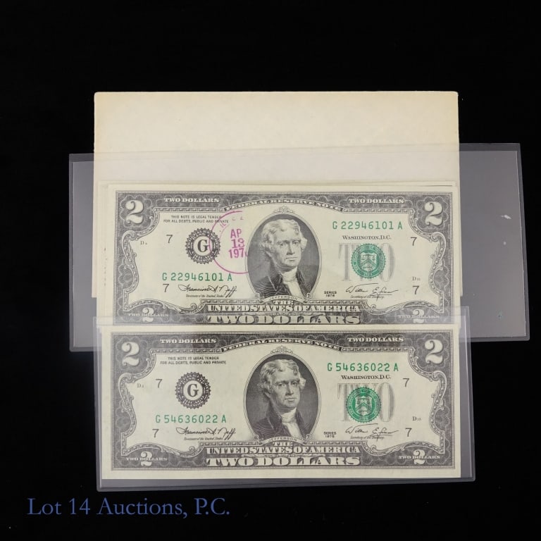 1976 US $2 FRN w/ C/Ns & FDOI PMs (CU), 11: Eleven (11) series 1976 United States $2 Federal Reserve notes - green seal (Neff / Simon). Per consigner in crisp uncirculated condition. ---Consecutive serial numbers G-22946101-A to G-22946110-A, p
