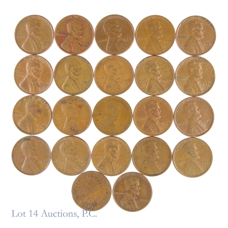 US Indian Head & Lincoln Wheat Cents (22): Twenty-two (22) United States Indian head and Lincoln wheat cents as follows: ---Indian head: --1901 (1); ---Lincoln wheat cents: --1913, --1924, --1934, --1937, --1940s (8), and --1950s (9). ***Lot 1