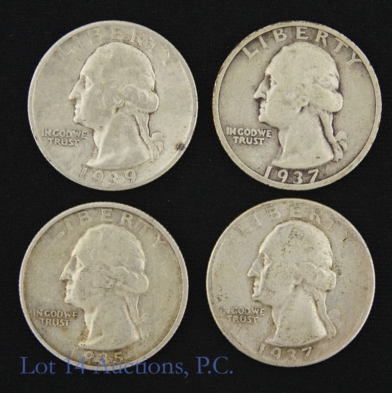 1935 - 1939 US Silver Washington 25c, 4: Four (4) United States 90%-silver Washington quarters (Denver, San Francisco Mints) with consigner comments as follows: ---1935-d tough early date in this grade of VF; ---1937-d tough early date in hi