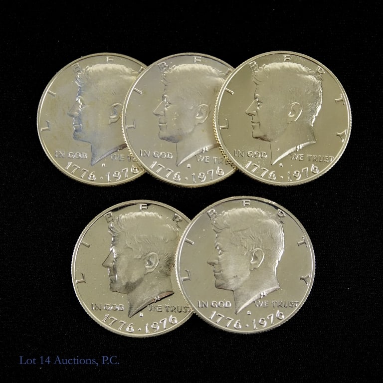 1976-S US 40%-Silver Kennedy 50c (*GEM PF). 5: Five (5) 1976-S United States 40%-silver Kennedy bicentennial commemorative half dollars (San Francisco Mint). *Per consigner, pulled from original sets and chosen for their superior quality in froste