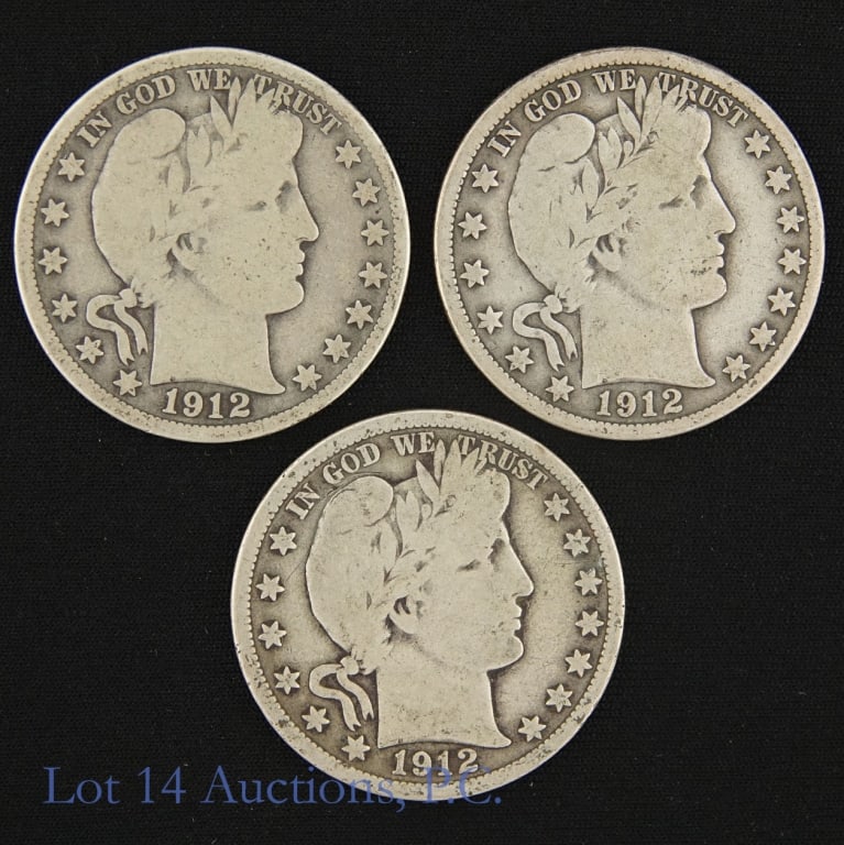 1912 P,D,S US Silver Barber 50c full rims, 3: Three (3) United States silver Barber half dollars (Philadelphia, Denver, San Francisco Mints). *Per consigner, all have full rims plus were picked from large lot in VG condition. Metal is 90%-silver 
