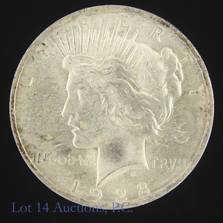1923 (P) US Silver Peace Dollar (*CH BU): 1923 (P) United States silver peace dollar (Philadelphia Mint). *Per consigner, has beaming luster plus clean cheek in CH BU condition. Metal is 90% silver (ASW is 0.7734 ozt.) Silver content confirme