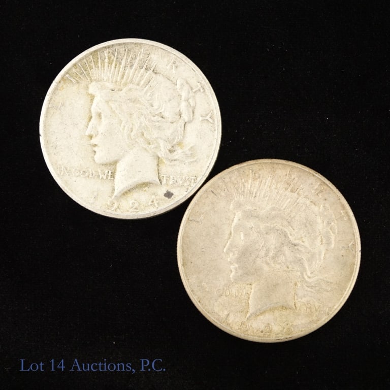 1924s & 1928s US Silver Peace Dollars, 2: Two (2) United States 90%-silver peace dollars (San Francisco Mint) with dates, mintages and PCGS survival estimates (SE) as follows: ---1924-s mintage 1,728,000 with SE of 60,000 (R-2.4); and ---1928