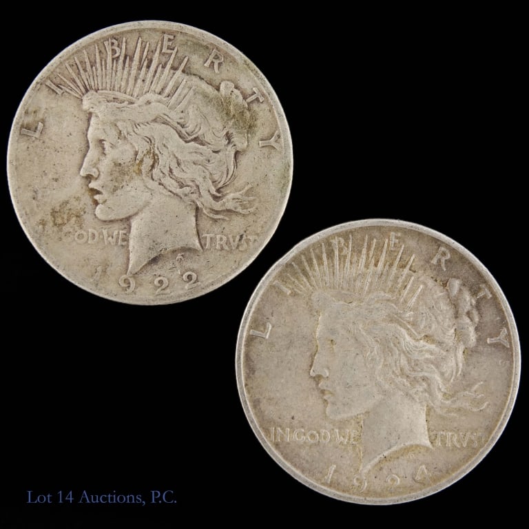 1922s & 1924 US Silver Peace Dollars, 2: Two (2) United States silver peace dollars (Philadelphia, San Francisco Mints). Metal is 90% silver. Lot estimates ASW is 1.5 troy ounces. Dates as follows: ---1922-S; and ---1924 (P). Silver content 
