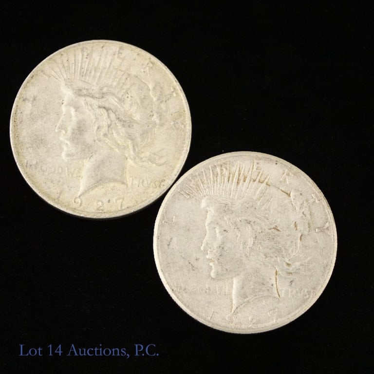 1927 & 1927d US Silver Peace Dollars, 2: Two (2) United States 90%-silver peace dollars (Philadelphia, Denver Mints) with dates, mintages and PCGS survival estimates (SE) as follows: ---1927 (P) mintage 848,000 with SE of 50,000 (R-2.5); and