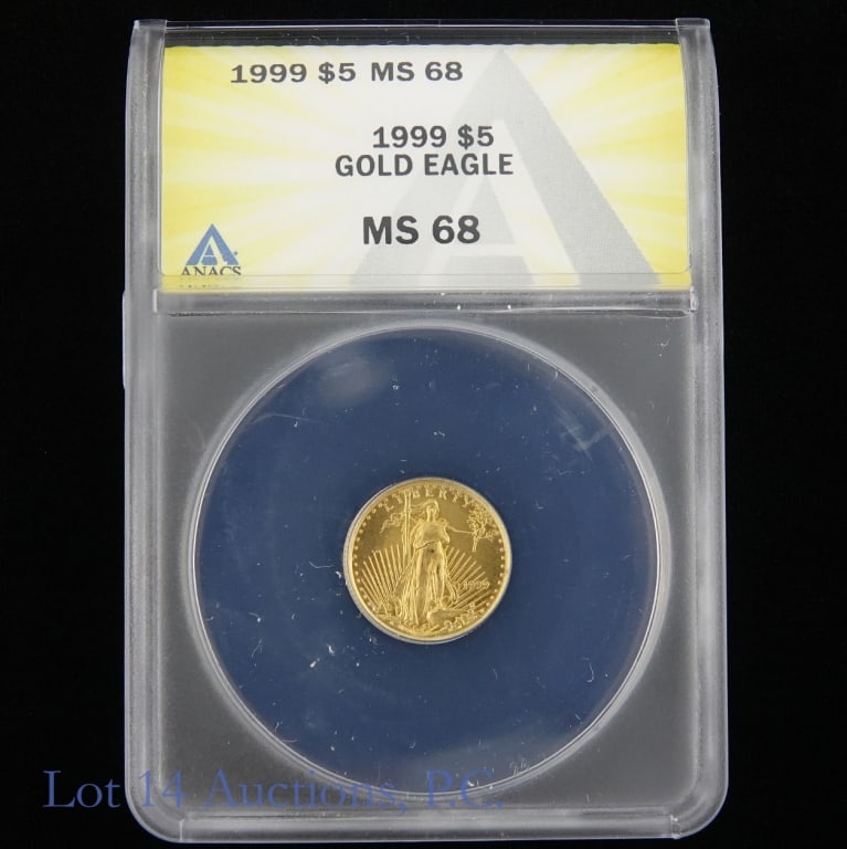 1999 (P) US $5 Gold Eagle Bullion (ANACS MS68): 1999 (P) United States 91.67% $5 gold eagle 1/10 oz. Designer (obverse) Augustus Saint-Gaudens and (reverse) Miley Busiek and Jennie Norris. ANACS graded MS68. Metal is 91.67% gold and weighs 3.393 gr